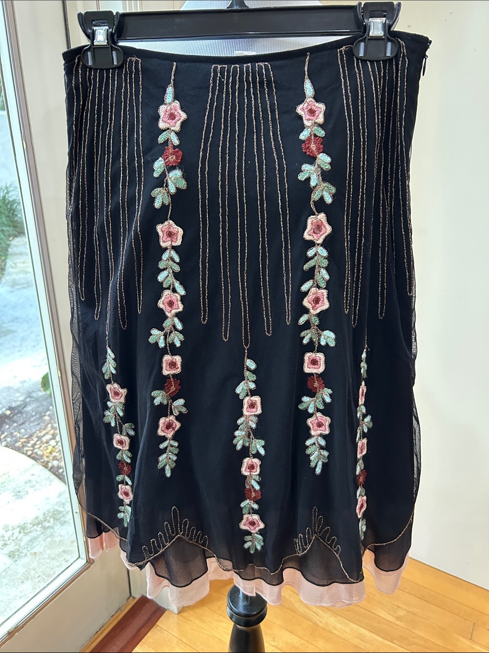 Snak Black Midi Skirt with Pink & Green Floral Embroidery